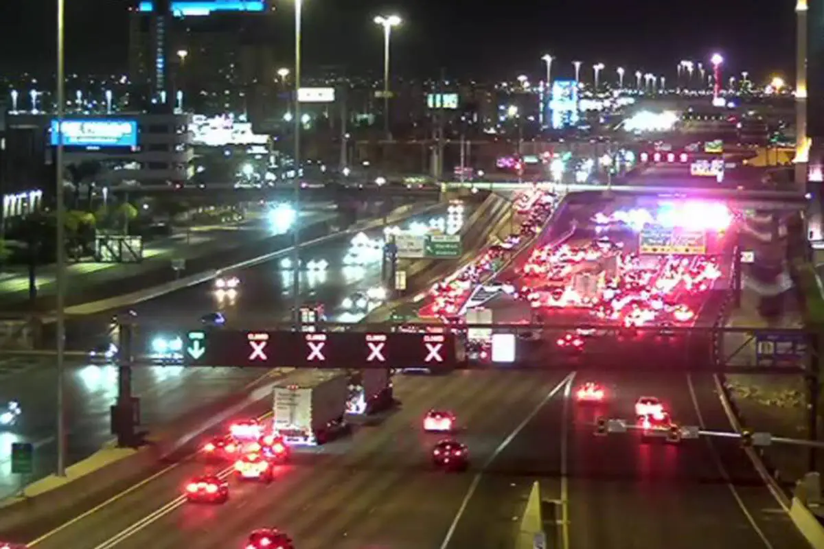 Pedestrian killed, driver detained in I-15 crash near Las Vegas Strip